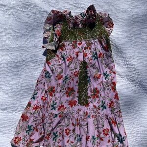 Mi Golondrina Pink Floral Ruffle-Trim Dress with Olive Smocked Bodice